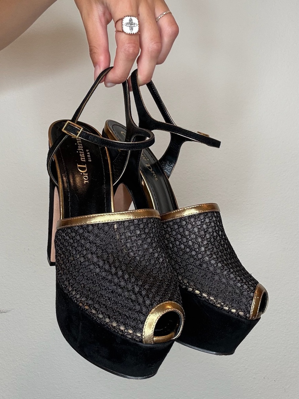 Dior Black and Gold Woven Peep-Toe Platform Heels